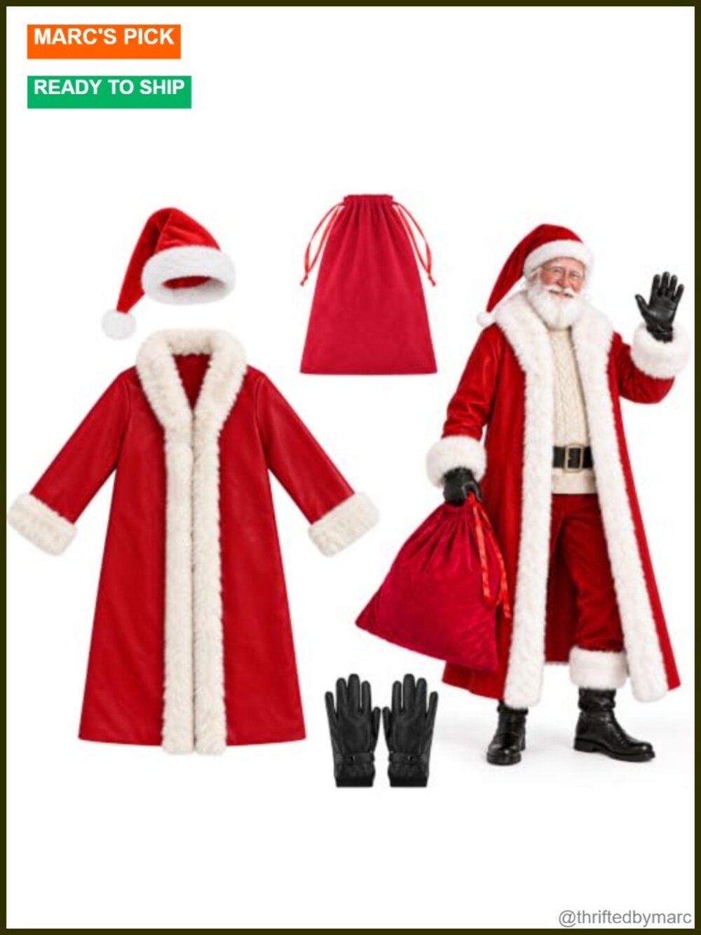 Santa Claus Costume Long Coat Faux Leather Suit 4 Pc Christmas Outfit